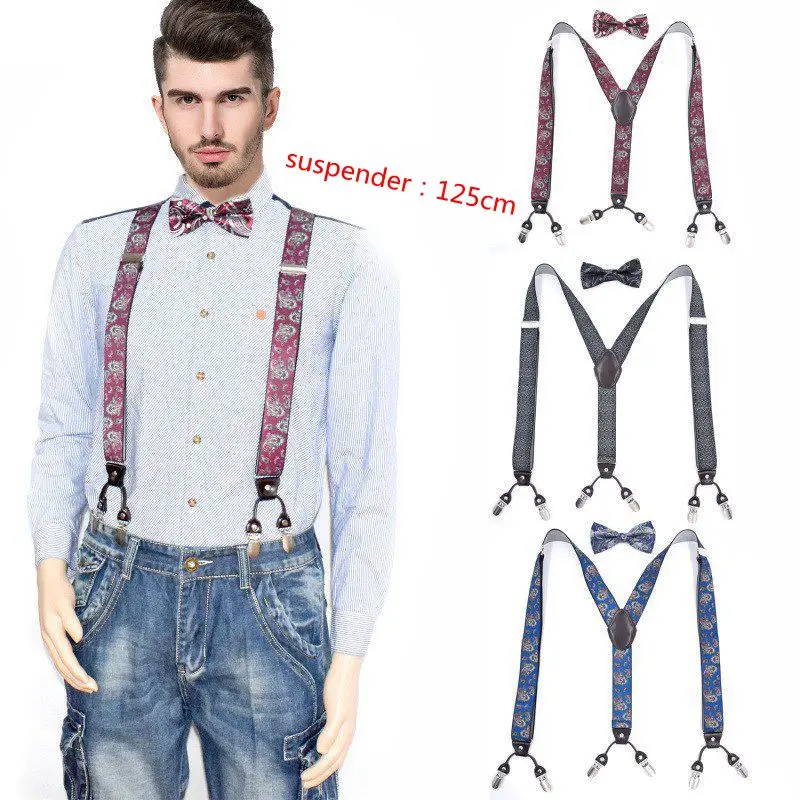 Yienws Bretele Mens Suspender Dan Dasi kupu-kupu Bunga Mete Kulit Suspender Kawat Gigi untuk Celana Mans 125 cm Bretels Mannen YiA006