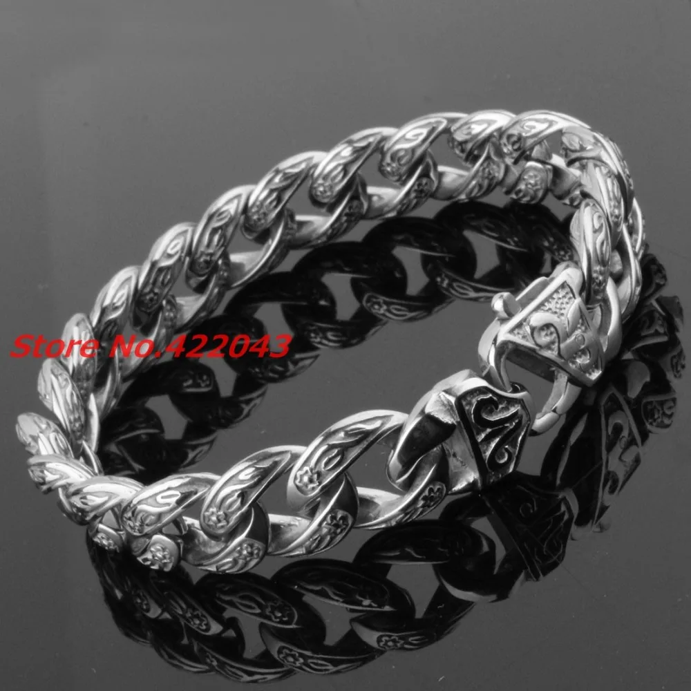 Fashion Mens Boy\'s Bangles 15mm Solid Silver color 316L Stainless Steel Cast Flower Design Cuban Link Chain Bracelets 9\