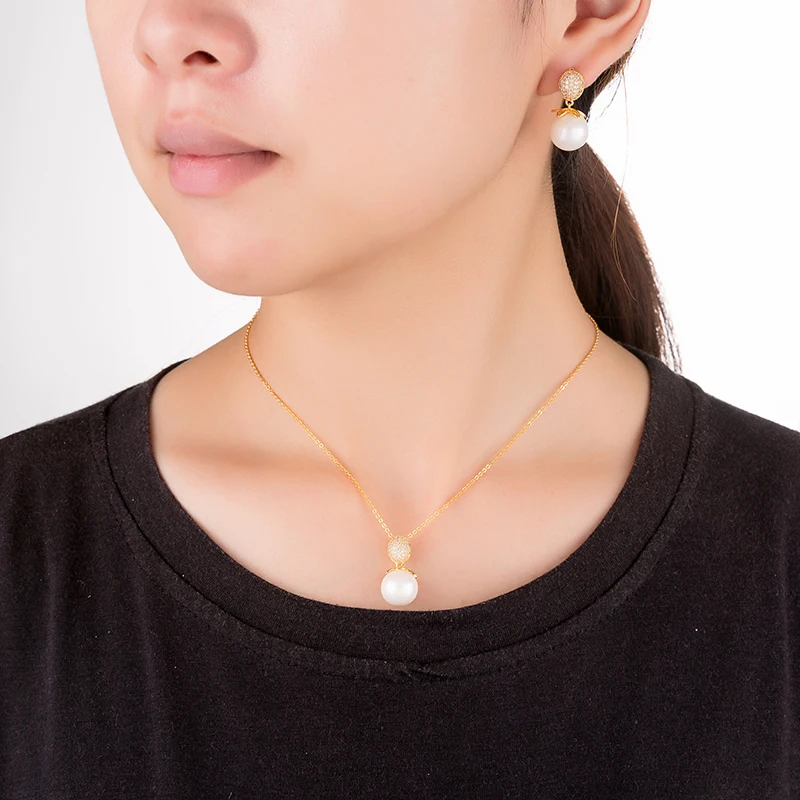 HadiyanaTrendy Noble Lady Micro Inlaid Pendant Earrings Set Simple Pearl AAA Cubic Zirconia Necklace Party Jewelry Gift TZ8094