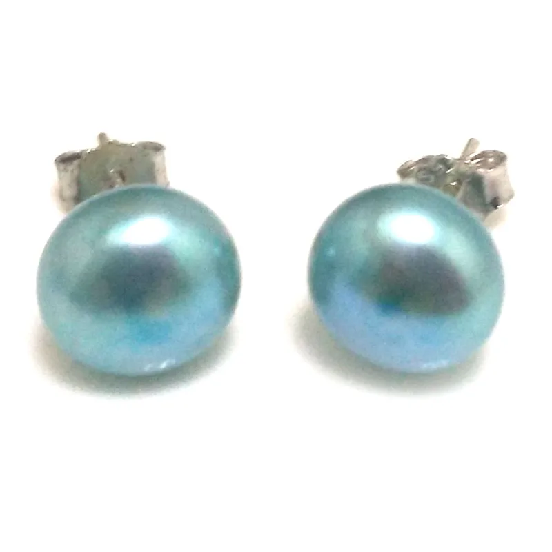 8-9mm Light Blue Natural Freshwater Button Pearl 925 Sterling Silver Stud Earring