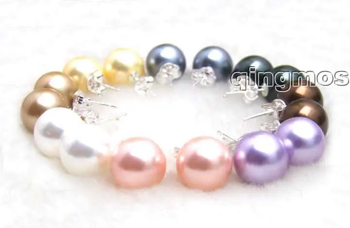 Qingmos Wholesale 8 Pairs Sea Shell Pearl Earring for Women with 10mm Round Multicolor Sea Shell Pearl Earring Jewelry who119