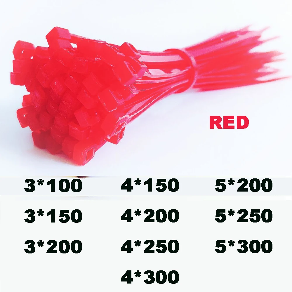 Self-Lock cable ties Plastic Nylon Wire ties Cable Zip Ties 3*100 3*150 3*200 4*150 RED 100pcs Nylon Ties Fasten Loop Cable