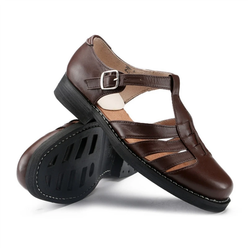 Summer High Quality Leather Formal Shoes Men Round Toe Hollow Buckle Sandals Handmade Leisure Soft Sole Sandals Size 47 48