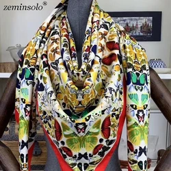 100% Silk Scarf Women Large Shawls Floral Printed Stoles Square Bandana Luxury Brand Kerchief Scarves Female Foulards 130*130cm