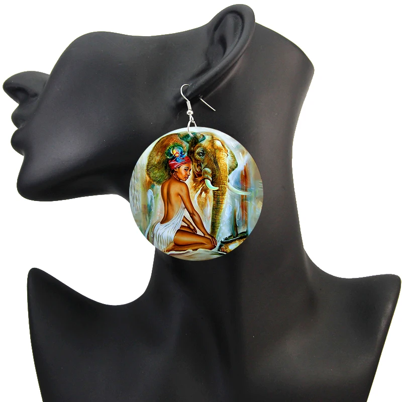 SOMESOOR Both Sides Printing African Ethnic Wooden Drop Earrings Afro Headwrap Woman Animal Eco Photos Jewelry For Women