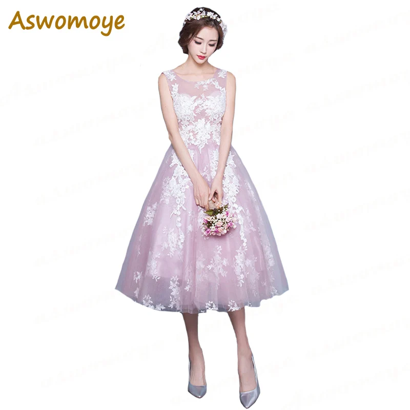 

Aswomoye Pink Evening Dress 2018 New Appliques Sleeveless Sexy Backless Party Dress Illusion O-neck A-Line robe de soiree