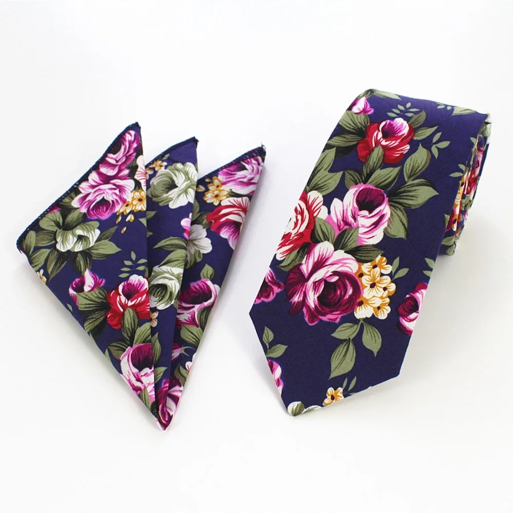 

RBOCOTT Purple Floral Tie 6cm Blue Slim Cotton Tie And Handkerchief Set For Men Accessory Fashion Casual Wedding Paisley Necktie