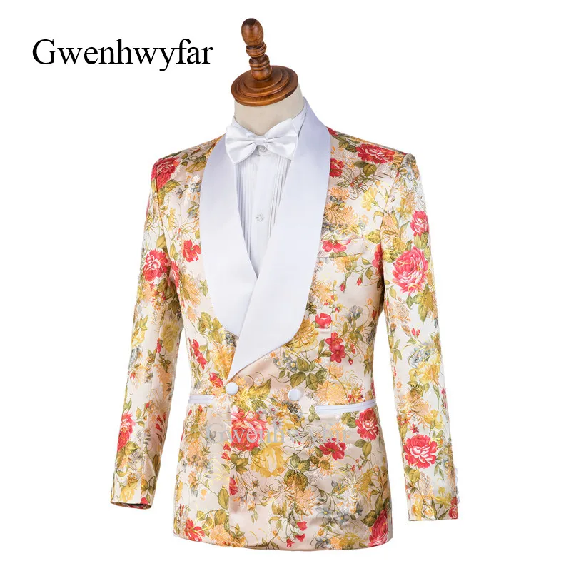 Gwenhwyfar Design Peony Series Men Tuxedos 2 Pieces Men Wedding Prom Party Suits Blazer Ternos Masculino White Lapel Men Suits