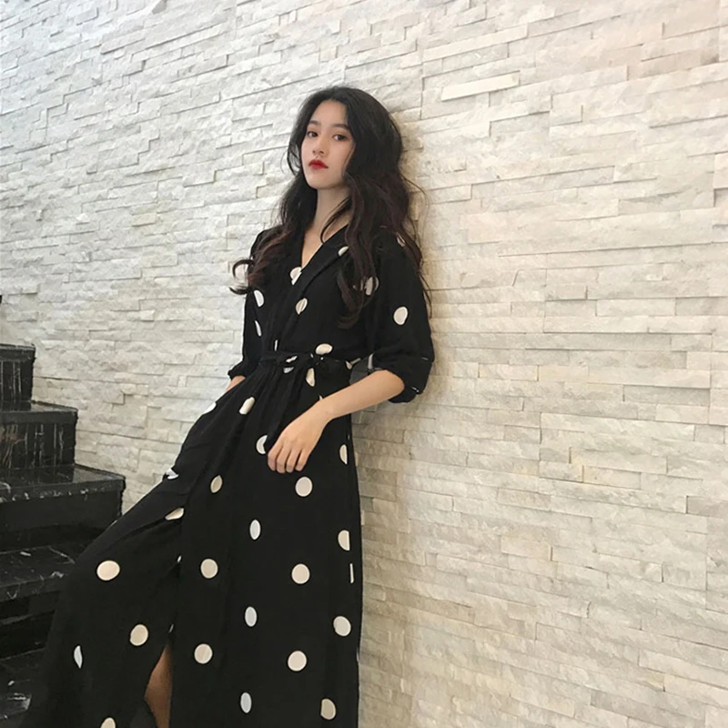 

Women Elegant A-line Dress Casual V-Neck Dot Print Party Vestidos Half Sleeve Women Spring Dress Sashes