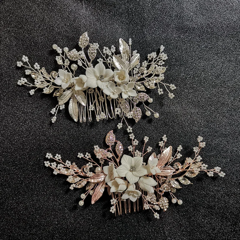 SLBRIDAL Handmade Crystal Rhinestones Pearls Flower Wedding Jewelry Hair Comb Bridal Headpieces Hair Accessories Bridesmaids