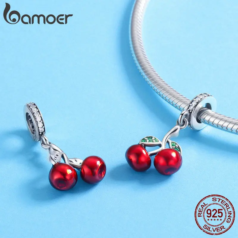 BAMOER Trendy 925 Sterling Silver Fruit Red Enamel Cherry pendant Charm Fit Women Bracelets & Necklaces Fashion Jewelry SCC784