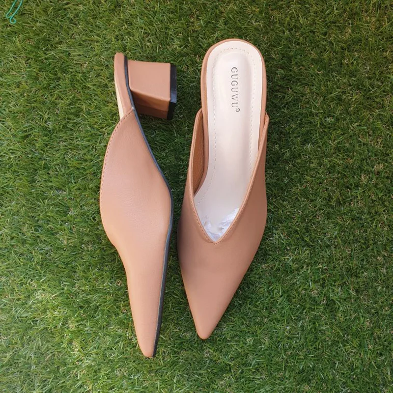 2021 Summer Elegant Women Nude Beige Pointed Toe Slipper Mules Block Low 5cm High Heels Luxury Brand Outsides Beach Slides Shoes