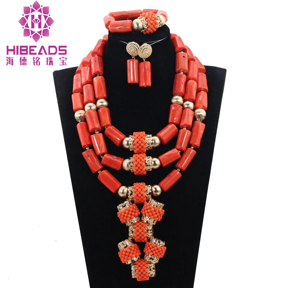 Nigerian Coral Beads Jewelry Set Luxury Indian Bridal Coral Statement Necklace Set Wedding Women Jewelry Set Free ShipingABH417