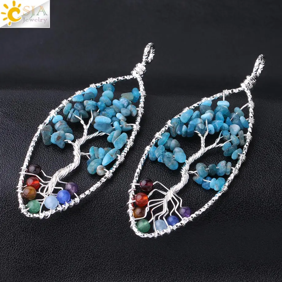 CSJA Healing 7 Chakras Tree of Life Pendants Natural kyanite Gem Stone Chip Beads Antique Silver Color Wire Wrap Jewelry F825