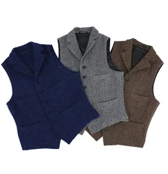 Mens Suit Vest Lapel V Neck Wool Herringbone Casual Formal Business Vest Waistcoat Groomman For Wedding Green/Burgundy/Brown