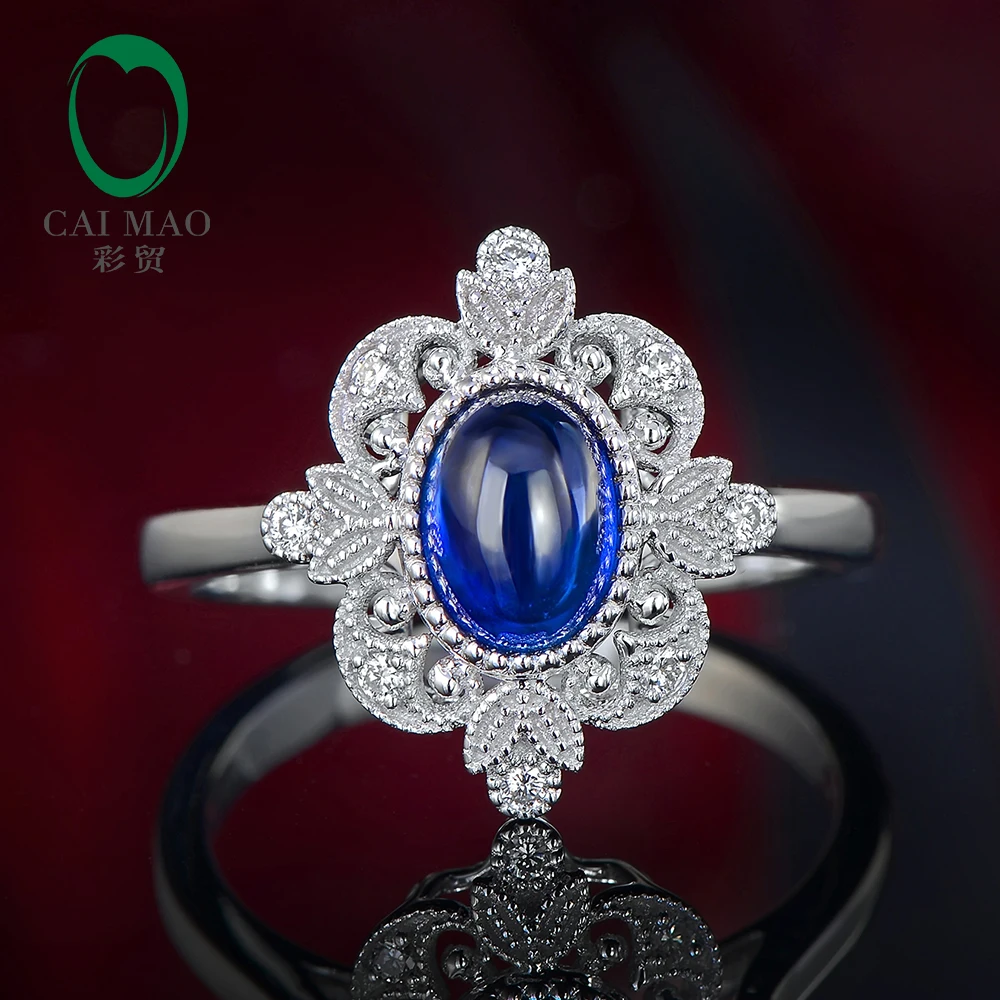 

CaiMao Cabochon Cut Natural Sapphire Ring Vintage Design White Diamonds 14kt White Gold Engagement Jewelry