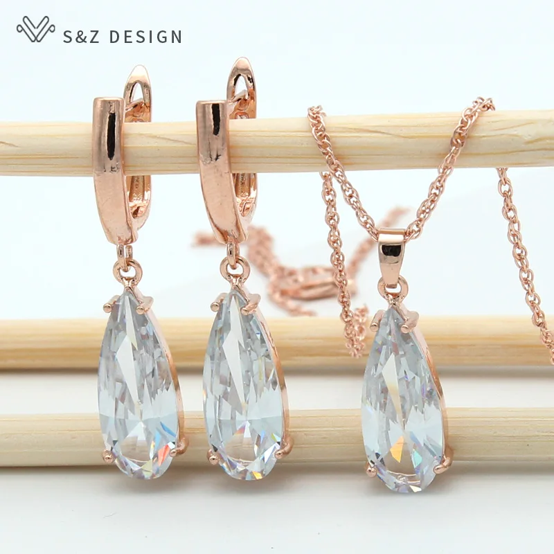 S&Z 6 Color Long Water Drop Dangle Zircon Earrings Jewelry Set 585 Rose Gold Color  For Women Korean Fine Wedding Party Jewelry
