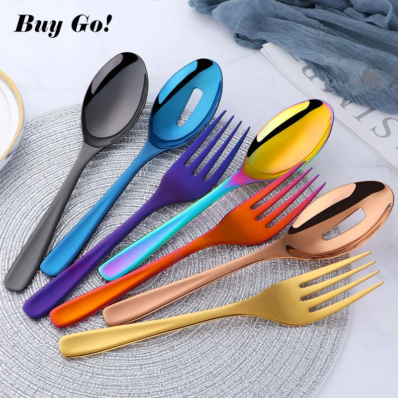 3 PCS Big Size Tableware Serving Spoons & Fork Salad Iridescent Rainbow 8 Colors Stainless Steel Kitchen Colander Spoon