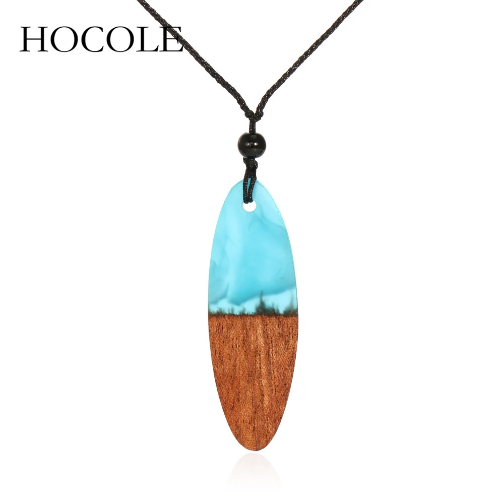 HOCOLE Fashion Handmade Resin Wood Pendant Necklace For Women and Men Geometric Pendant Black Rope Chain NecklaceJewelry Bijoux