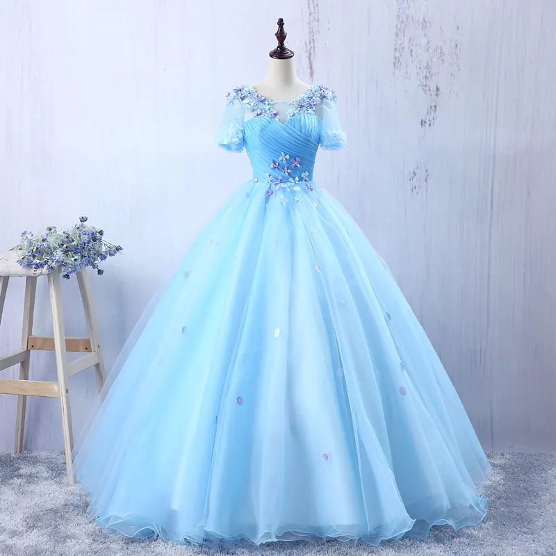 light blue flower embroidery ruffled beading ball gown medieval dress Renaissance queen Victorian cosplay ball gown Belle Ball