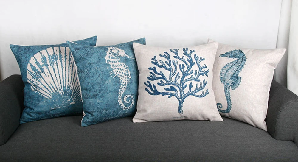 Sea animal sea horse shell blue coral cotton linen digital print cushion cover pillow case blue sea cushion sets