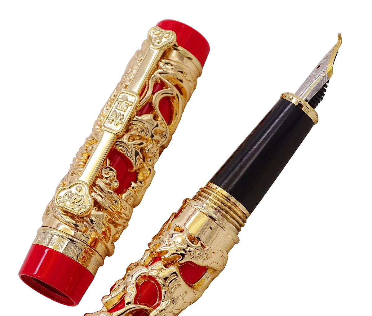 Jinhao Dragon Phoenix Vintage Luxury Calligraphy Pen Fountain Pen Bent Nib Full Metal Carving Golden & Red for Art Office Gift