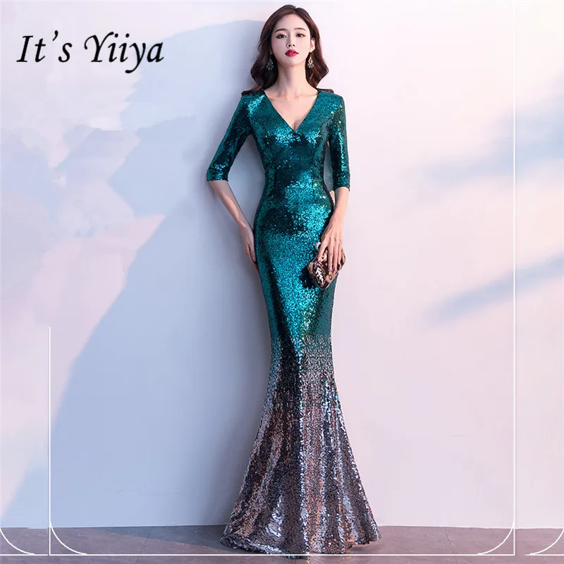 

It's Yiiya Sequined Prom dress V-neck half sleeve long shinny party Gowns Floor-length zipper back Mermaid evening dresses C077