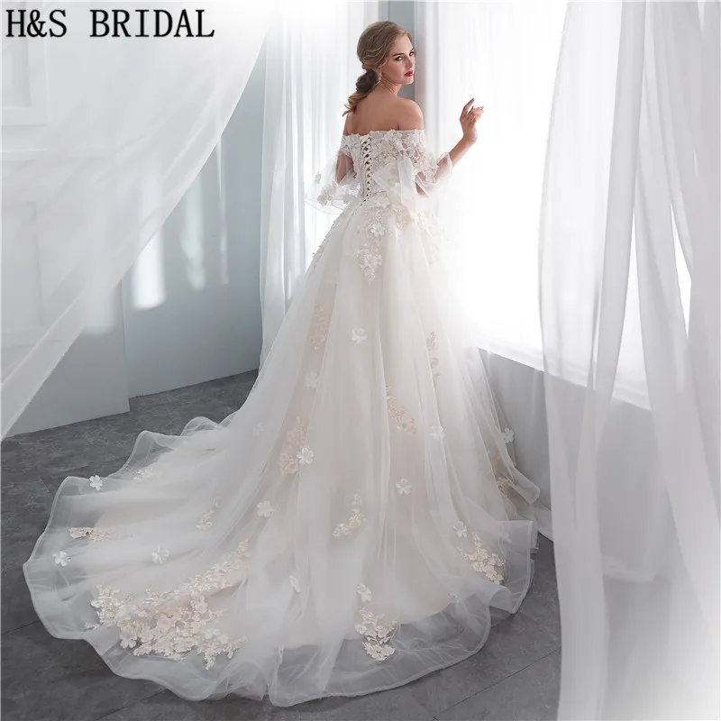 H & s bridal 오프 숄더 하프 슬리브 웨딩 드레스 우아한 레이스 아플리케 신부 드레스 vestidos de novia 2018