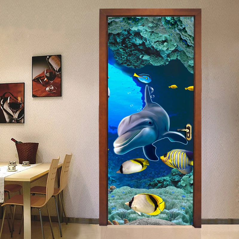 Undersea World Dolphin 3D Door Sticker Wall Mural PVC Waterproof Self-adhesive Bathroom Children Room Bedroom DIY Door Wallpaper