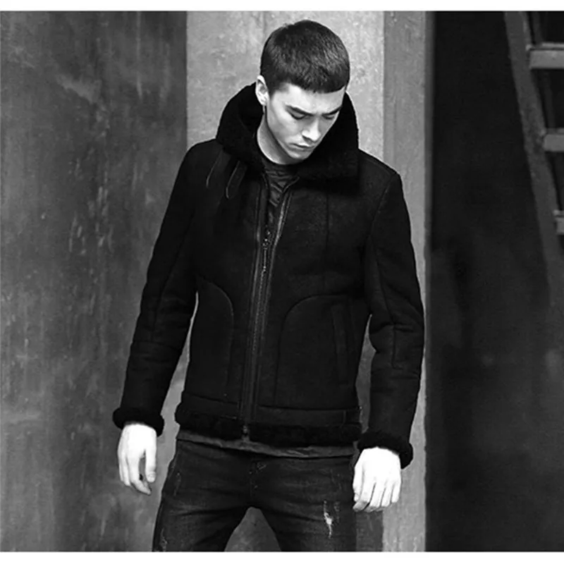 Denny&Dora Mens Shearling Coat Mens Fur Coat Crack Texture Pilot Sheepskin Leather Jacket Motorcycle Jacket