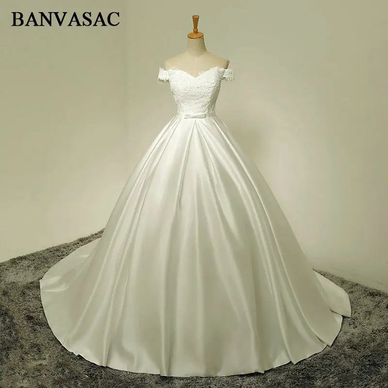 BANVASAC – robe de mariée en Satin, col bateau, perles, manches courtes, nœud papillon, ceinture, paillettes, robes de bal, nouvelle collection 2017