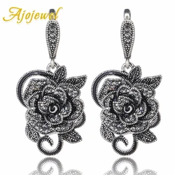 Ajojewel Beautiful Black Rhinestone Big Flower Vintage Earrings For Women Costume Jewelry For Party Wedding Gifts Match Gift Box