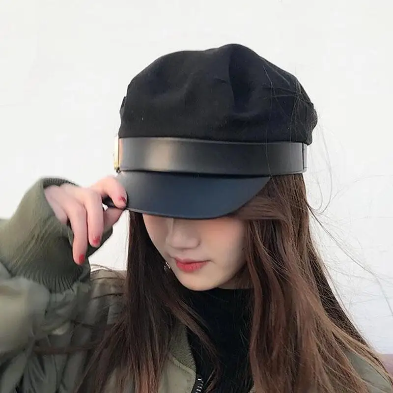 Women Black Military Hats Autumn Winter Fashion Wool Pu Leather Patchwork Newsboy Caps With Belt Female Gorras