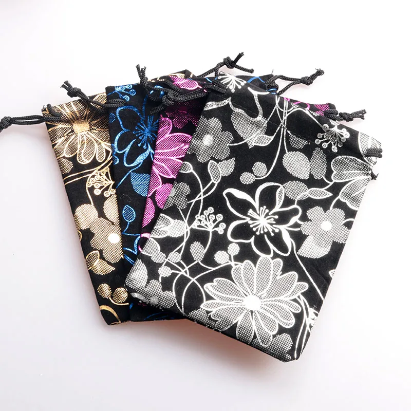 200pcs 8x10cm/10x14cm Small Velvet Bag Wedding Decoration Pouch Flower Print Jewelry Candy Packaging Bags Drawstring Gift Bag