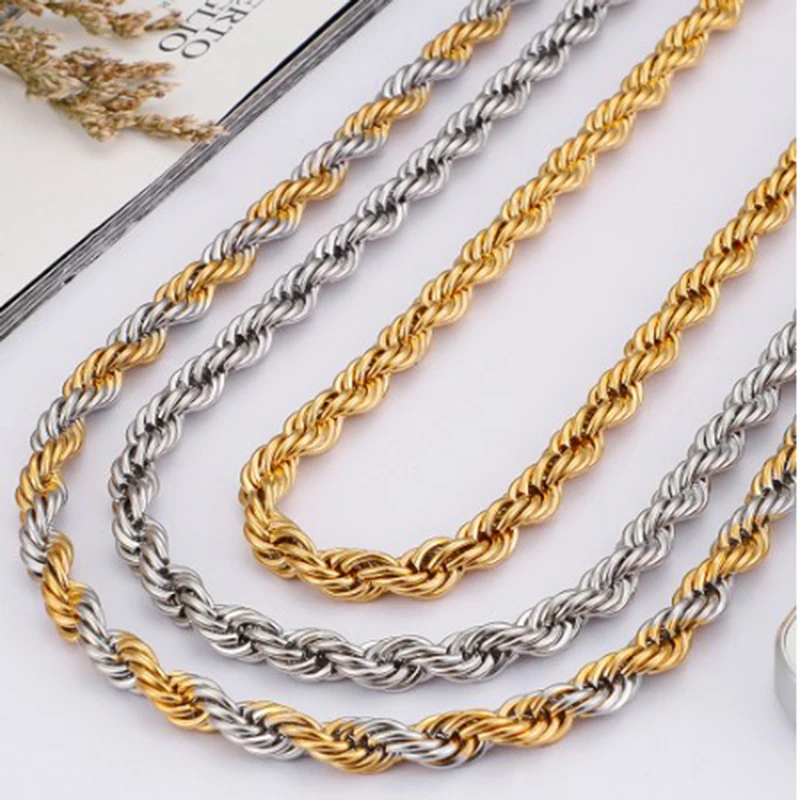 6/8mm HipHop Twisted Rope Necklace Bracelet For Men Women Gold Color Thick Stainless Steel Hippie Rock Chain Long/Choker Jewelry