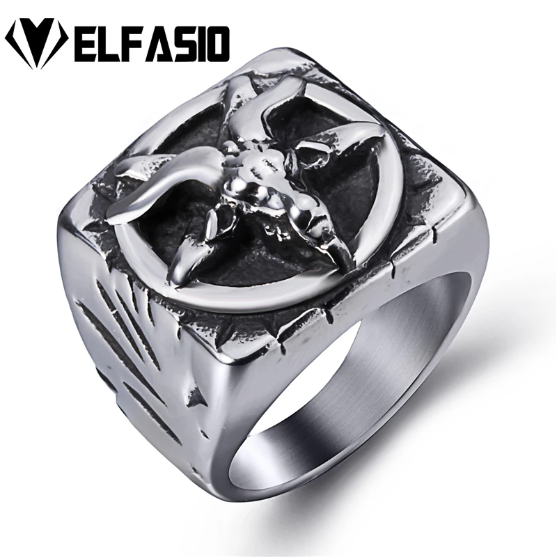 Elfasio Mens Baphomet Goat Pentagram Devil Shar Retro Stainless Steel Ring Punk Jewelry