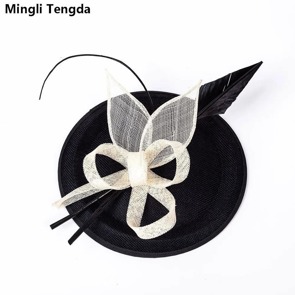 Mingli Tengda-Sombrero elegante para mujer, gorros de boda, tocado de plumas nupciales de lino, color azul real, 6 colores