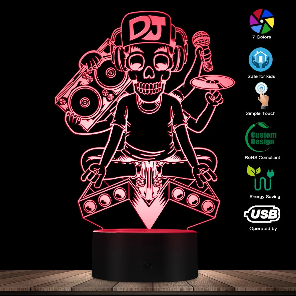 

Tattoo DJ Music Skeleton Microphone Silhouette Night Lamps DJ Skull 3D Visual Table Lamp Lights Rock Music Decorative Lighting