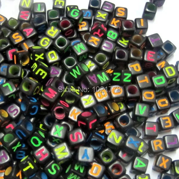 

Free shipping 1000pcs Black with Neon Color Assorted Alphabet Letter Cube Beads 6X6mm Fit Bracelet & Necklace DIY