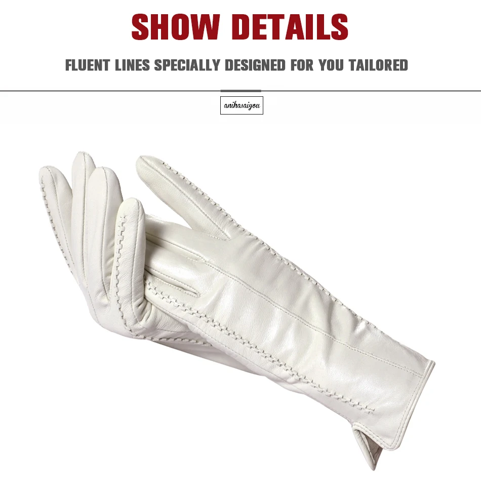 White Leather Women's Gloves, Genuine Leather, Cotton Lining Warm, Fashion Leather Gloves, Warm Winter Gloves -2226