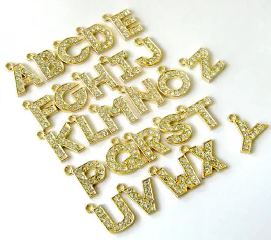 

260pcs/lot about 12mm A-Z rhinestones gold color hang pendant letters fit for diy necklace wristband bracelet