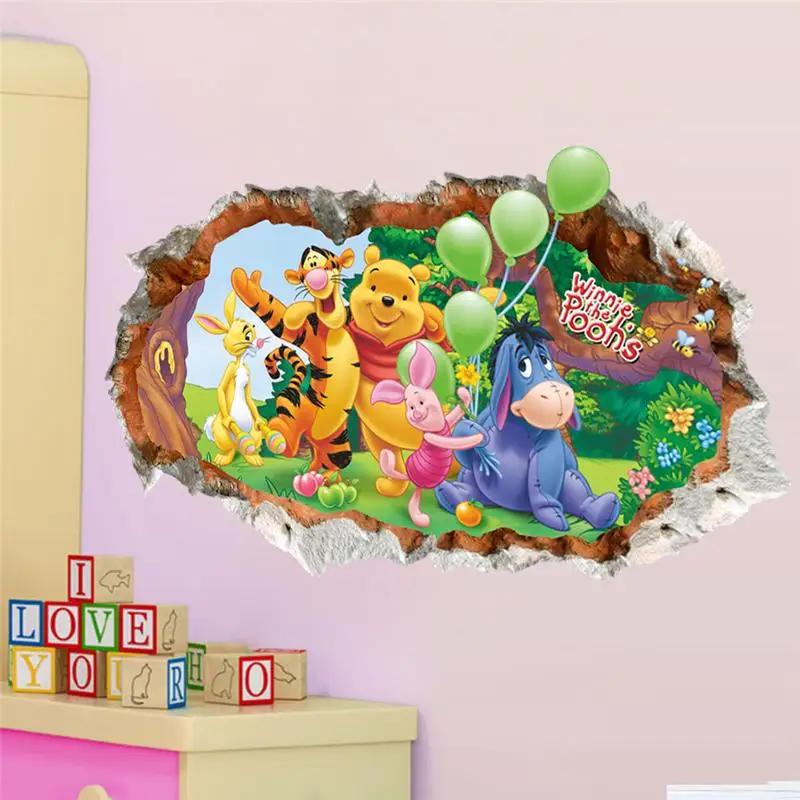 Winnie The Pooh Bear Wall Stickers For Kids Room Home Decoration 3d Broken Hole Cartoon Animals Mural Art Pvc Wall Decals Poster