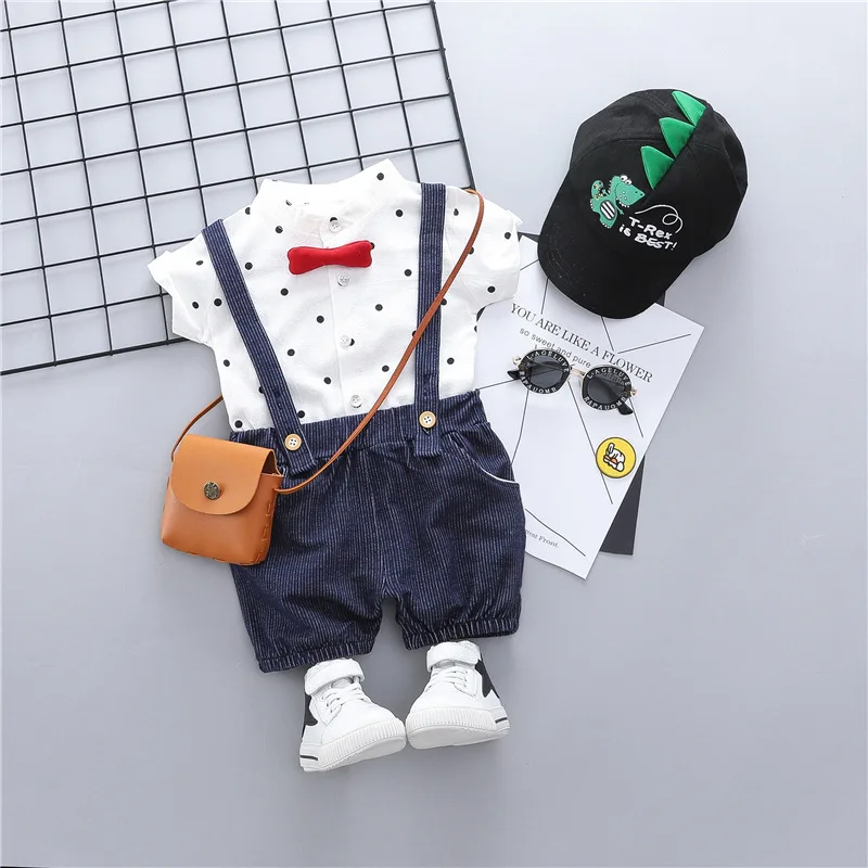 

Summer new boys clothing sets Children's Dot short-sleeved shirt +stripe Bib pants Set Baby boy clothes 2pcs