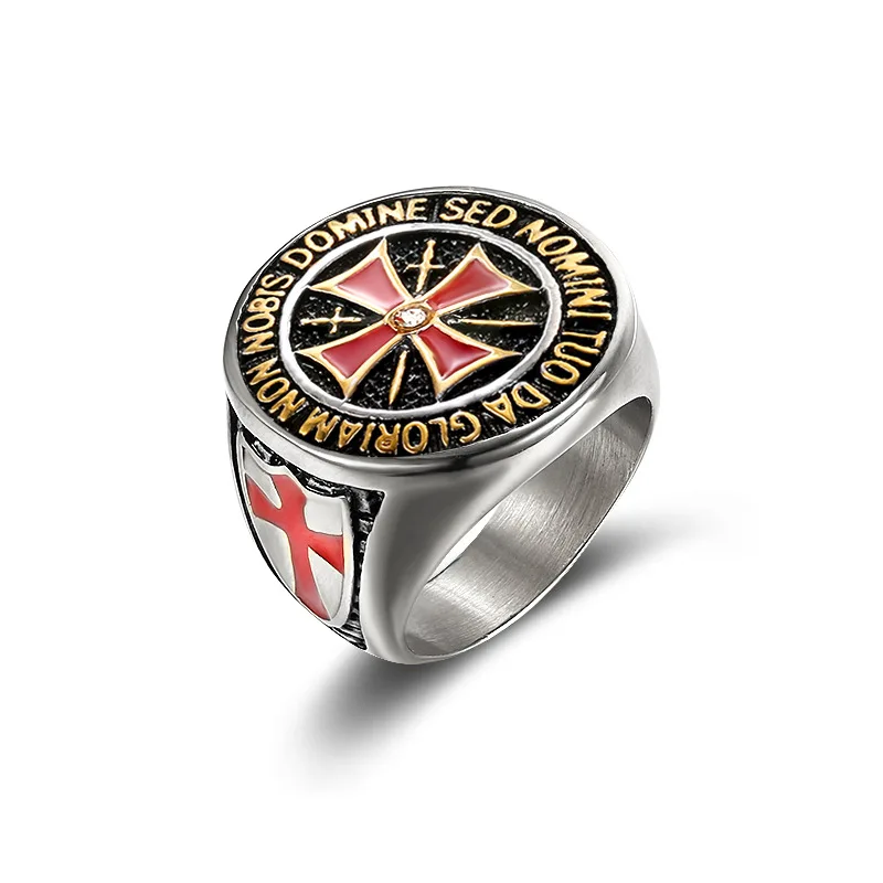 Classic Retro Iron Knights Templar Men Rings Size 7-15 Real Stainless Steel Red Enamel Cross Ring ShiningCubic Zirconia R725G