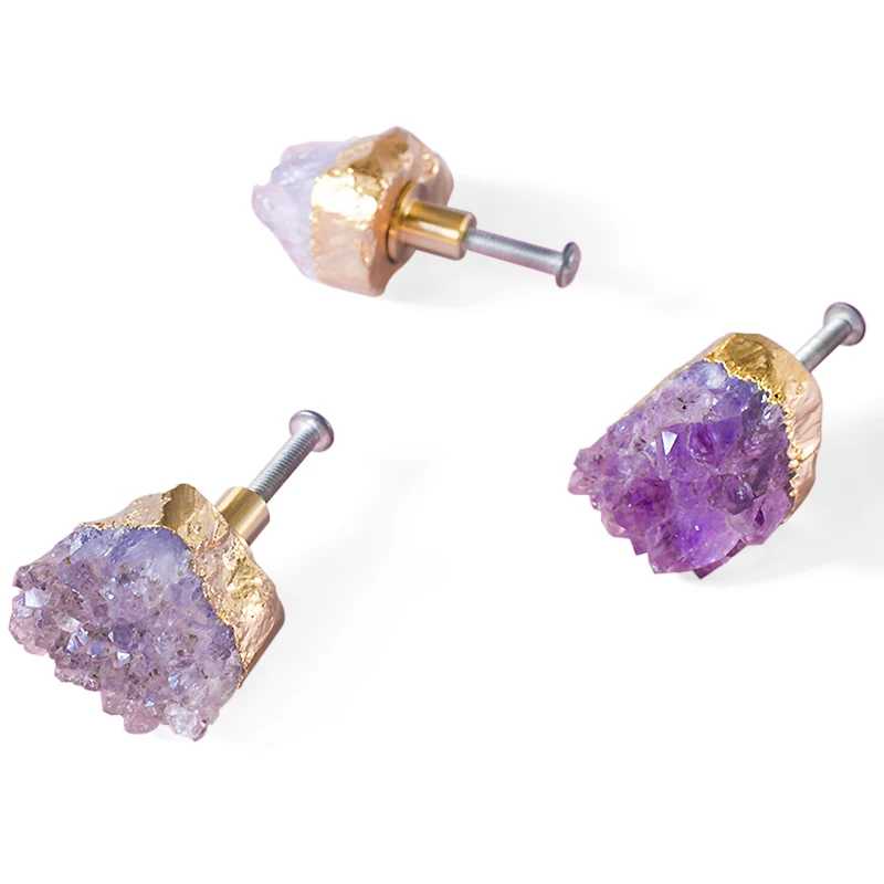 Natural Amethyst quartz handle Extravagant Naturalism Crystal Single hole Knob Brass Grip for Cabinet Pulls Furniture Hardware