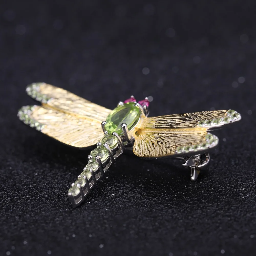 GEM'S BALLET 1.13Ct Natural Green Peridot Gemstone Brooch 925 Sterling Sliver Handmade Dragonfly Brooches For Women Dresses