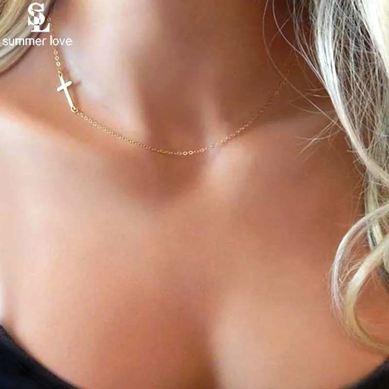 Stainless Steel Choker Necklace Women Gold Color Sideways Cross Necklace Tiny Short Chain Collares Female Religious Jewelry