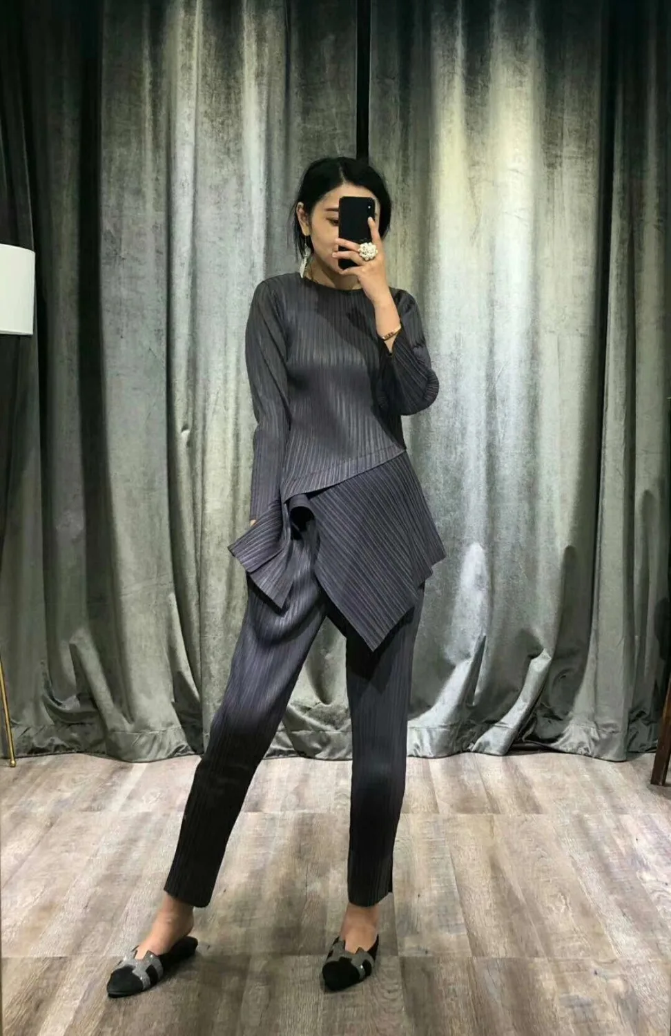 Miyake Fashion fold long sleeve O-neck irregula T-shirt + straight leg pants soild two-piece outfit  IN STOCK