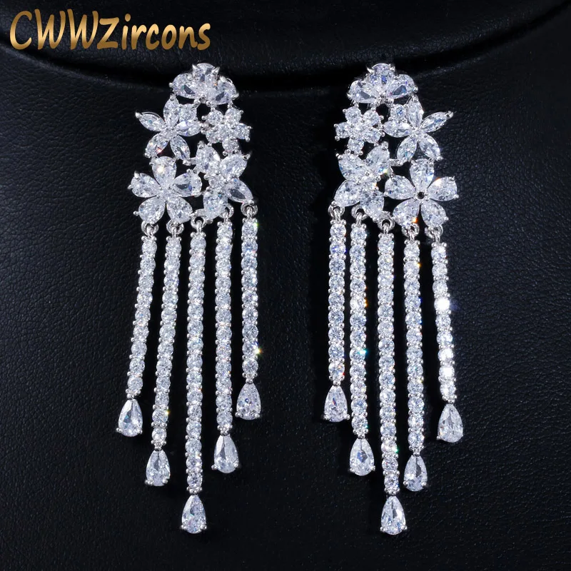 CWWZircons Sparkling Cubic Zirconia Pave Long Flower Tassel Drop Wedding Earrings for Women Party Dress Jewelry CZ568