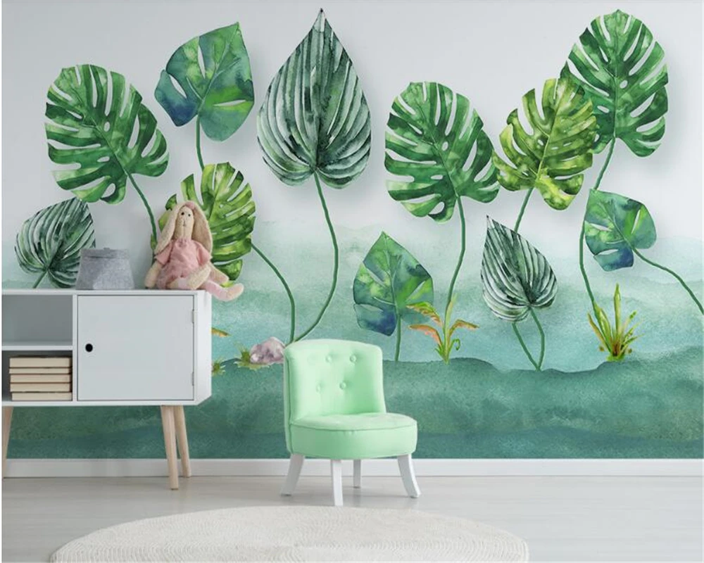 

beibehang Nordic fashion custom minimalist 3D wallpaper small fresh green leaves watercolor style background wall papier peint